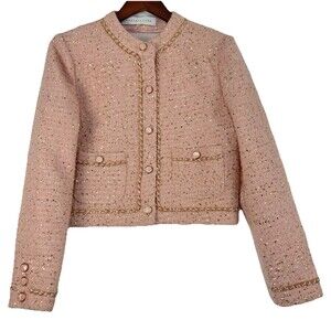 Endless Rose Blush Pink Tweed Cropped Blazer XS Gold Chain Trim Parisian Chic